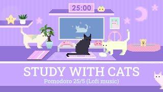 Study with Cats  Pomodoro 25/5 x Animation | Focus 1 hour with Calm Lofi | Cute purple desk setup 