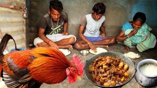 village santali cooking and eating RED COUNTRY CHICKEN meat curry with hot rice||rural india orissa