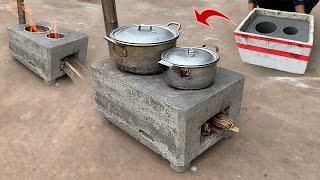 Creative smokeless wood stove 3 in 1 with foam and cement | How to make a simple smokeless kitchen