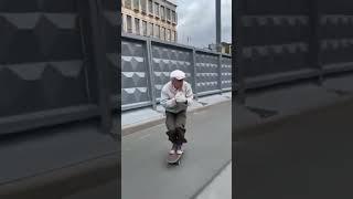 Old man is riding a skateboard. Super !