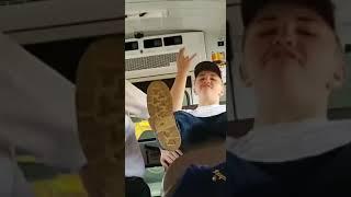 Kid falls into bus seat!!