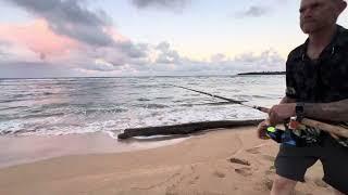 Hawai’i Kauai ocean waves at Anahola Bay and me doing a little surf fishing