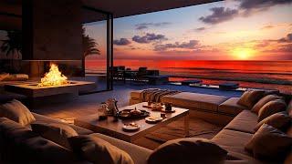 Sweet Seaside Night Serenity in Comfortable Porch 4K with Fireplace & Smooth Jazz Instrumental Music