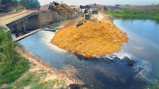 Attractive New Project!! Successfully 100% Dozer Pushing StoneTo Building Road Across Water Lake