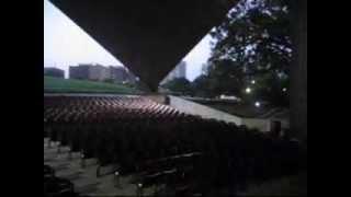 Empty stage (almost) of the Miller Outdoor Theater at Hermann Park, at night