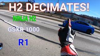 H2 DEMOLISHES IN HIGHWAY PULLS! GSXR 1000 vs R1 vs H2