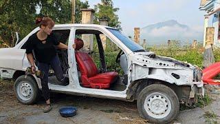 The girl repaired and completely completed the car for her neighbor.