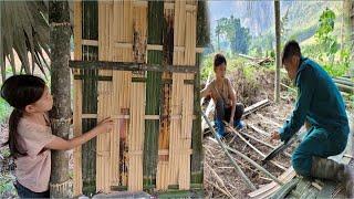 The uncle helps the girl build the house wall after work and on weekends.