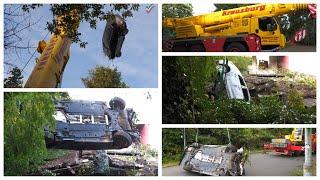 2024 08 03 - Bergung nach spektakulärem Unfall: Auto stürzte kopfüber in Gartenhaus - Bergekran!