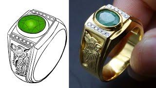 handmade wolf carving gold ring - how to make emerald ring for men