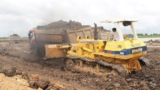 WOW!! Strong Power Great Experience Operator Bulldozer - Dump Truck In Mud Operation Swamp Landfill