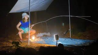 SOLO camping in HEAVY RAIN [Relaxing in small warm tent with rain sound. Cooking delicious food]