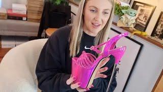 Catie Unboxes Hot Pink 8 Inch High Heel Stainless Steel Shoes With Open Toe And Ankle Strap