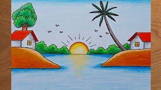 How to draw easy sunrise scenery//How to draw easy scenery// របៀបគូរគំនូរទេសភាពងាយៗ