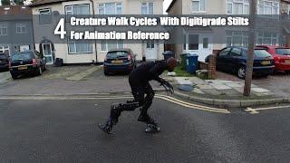 4 Creature Walk Cycles With Modified Digitigrade Stilts For Animation Reference