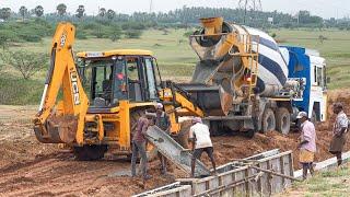 Concrete Mixer Truck cannot give Directly Helps JCB 3DX Grips it, Spills it Constructing Pond Shore