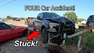 FOUR Vehicle Accident Leaves F-150 Stuck on Two Poles!