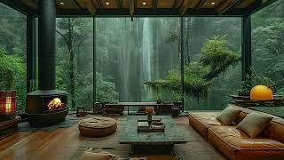 Forest Room with Waterfall View for Sleeping, Meditate ️ Fire and Rain Sound without Thunder Sound