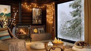 Cozy Cabin Ambience in Winter Day with Fireplace Sounds, Snow and Candles for Sleep and Relaxation
