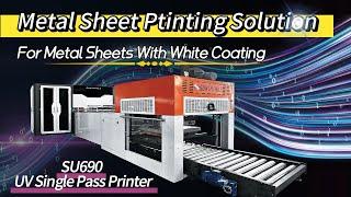 Sunthinks SU690 Single Pass UV Printer Printing Metal Plates With White Coating.