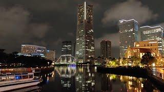 Rainy Walk in Yokohama - Minato Mirai Waterfront Area at Night - 4K 60 FPS Binaural Audio - Slow TV