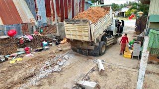 Amazing New Project!! Dump Truck 5Ton Fill Land, bulldozer D21P Slide the wall to fill the soil