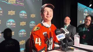 Beckett Sennecke speaks after the Anaheim Ducks selected him with the third pick in the NHL Draft