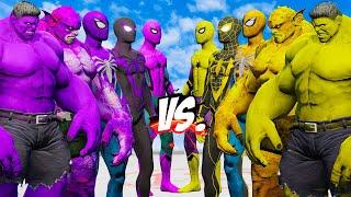 TEAM YELLOW ( 3 HULK & 2 SPIDER-MAN) VS TEAM PURPLE ( 3 HULK & 2 SPIDER-MAN) - EPIC SUPERHEORES WAR