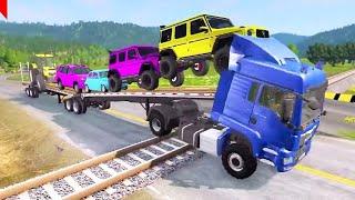 Double Flatbed Trailer Truck vs Speedbumps Train vs Cars Beamng.Drive #213  With Reverse