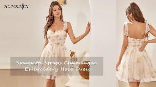 Cute A Line Spaghetti Straps Champagne Homecoming Dress with Embroidery| Homrain Hoco