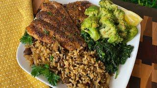 The BEST Blackened CATFISH, Mushroom Rice, Garlic Broccoli & Spinach