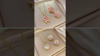 Zircon Flower Pendant Necklace & Earrings For Women #earingforgirls #necklacecollection