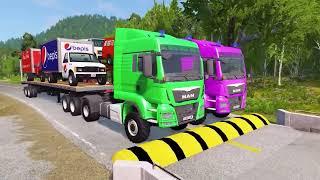 Double Flatbed Trailer Truck vs Speedbumps Train vs Cars Beamng.Drive #13 With Reverse