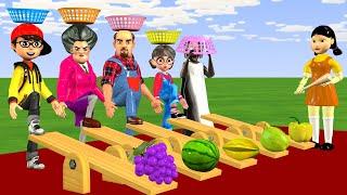 Scary Teacher 3D vs Squid Game Wood SeeSaw Juggling Fruit into Basket Funny Challenge