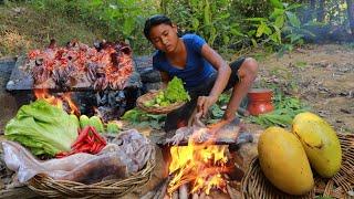 Yummy seafood squid hot spicy on the rock| Survival Cooking Anywhere