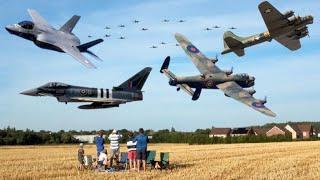 Modern & WW2 Aircraft Flybys Over Duxford Airshow Village - Ft. " Big Wing " Spitfire Flypast