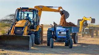 JCB 3dx and Mahindra SX Loading Mud Mahindra Sonalika Force Swaraj JohnDeere Tractor in Village Pond