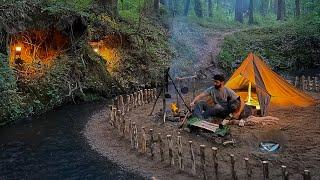 7 DAYS solo survival CAMPING; Catch and Cook, Primitive Fishing. Bushcraft Tarp Shelter