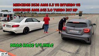 MERCEDES E63S AMG 5.5 V8 BiTurbo vs MERCEDES AMG A45 2.0 Turbo 387 HP drag race 1/4 mile  - 4K UHD