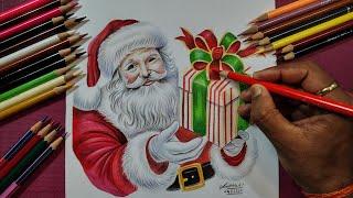 Santa Claus Drawing || Christmas Day Drawing Tutorial | Santa Claus Pencil Colour Drawing