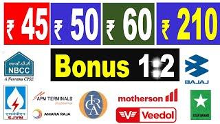 DIVIDEND Rs.210, BONUS 1:2, ICRA, NBCC LTD, SJVN LTD, BAJAJ AUTO, STAR PAPER, AMARA RAJA , MOTHERSON