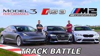 Tesla Model 3 vs BMW M2 Competition vs Audi RS3 - TRACK REVIEW // DRAG RACE & LAP TIMES