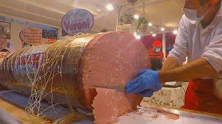 Italy Street Food. Giant 'Mortadella', 500 Kg. of Polenta with Cod, Juicy Churrasco and more Food