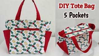 DIY Tote Bag with 5 POCKETS | Shopping Bag cutting and stitching | Cloth Bag making with lining