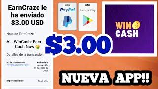 NUEVA APP!!  [WinCash] + $3 Prueba de Pago  Gana Dinero a PayPal, Binance y Tarjetas Google Play