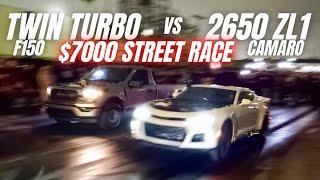 Twin Turbo F150 vs 2650 Camaro ZL1 (things get heated, $7000 race)