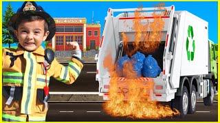 Garbage truck fire rescue with kids fire truck vehicle and firefighter pretend play | Super Krew