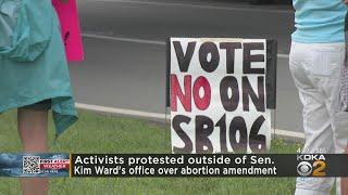 Activists protest outside of State Sen. Kim Ward's office