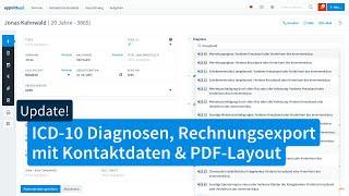 ICD-10 Diagnosen, Rechnungsexport mit Kontaktdaten & verbessertes PDF-Layout