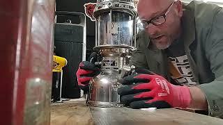 lighting a German Petromax 829 Rapid kerosene lantern.